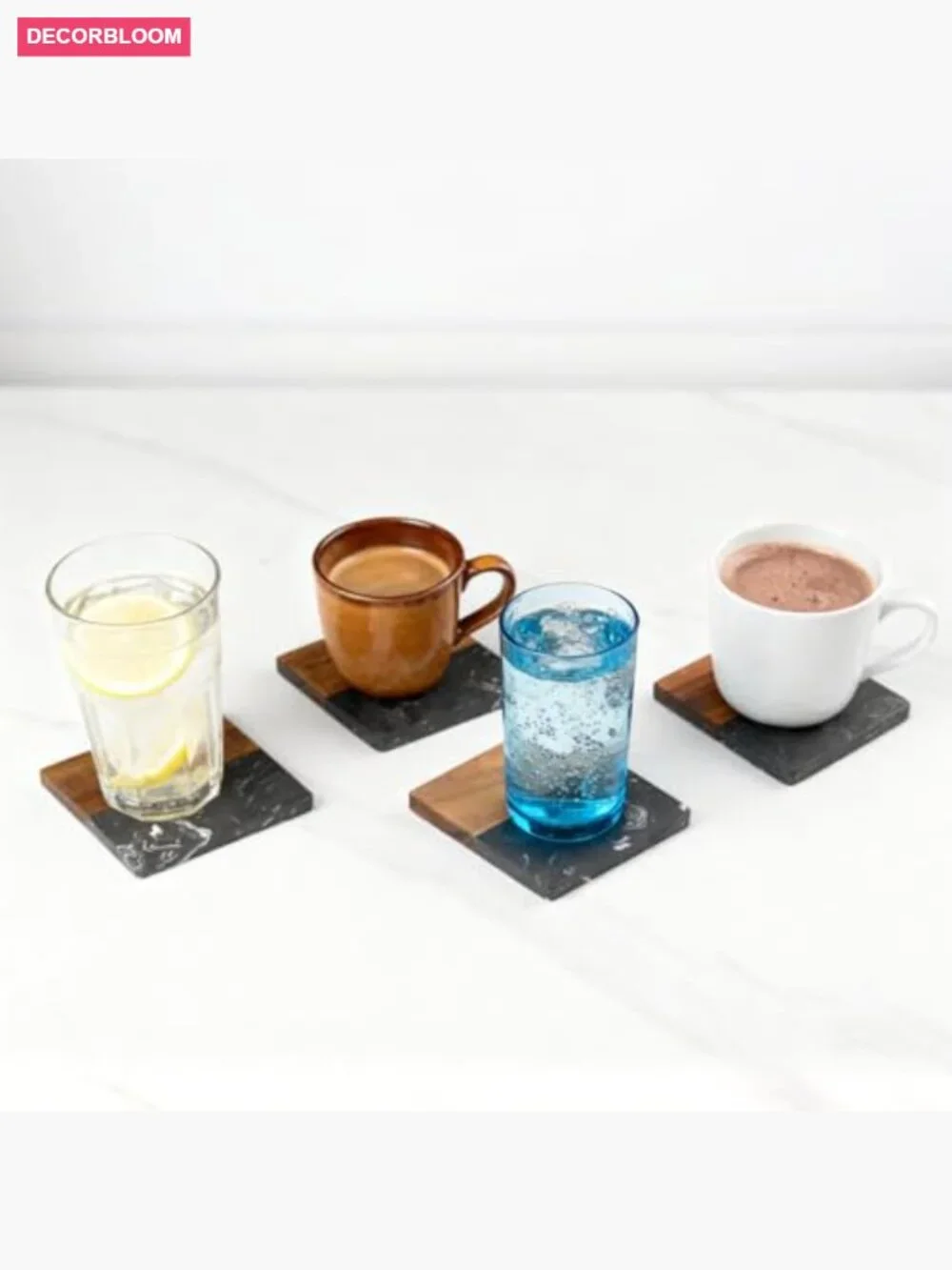 4-Piece Acacia Wood Marble Coasters Set for Kitchen Office